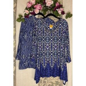 Ruby Rd Shirts Womens Large XL Blue Embellished 3/4 Sleeve Tunic Lot of 2 Beads